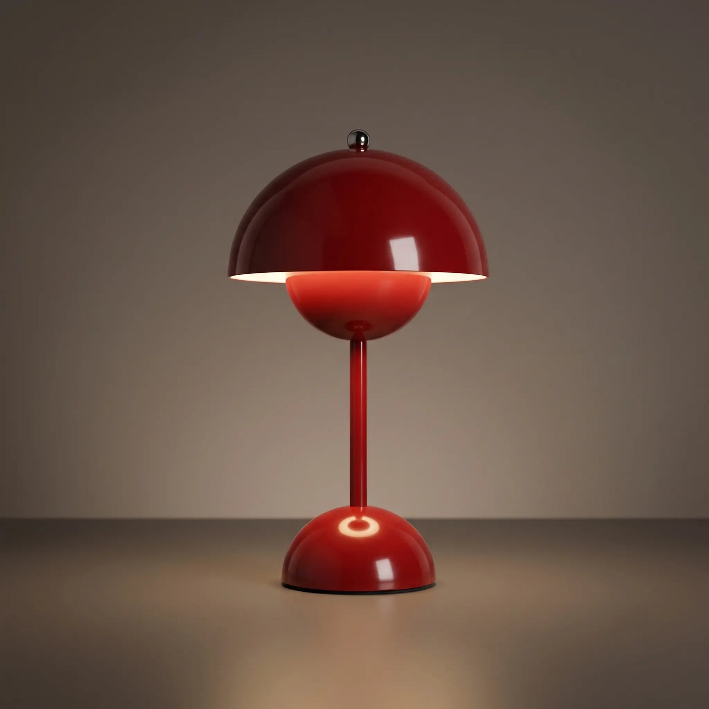 Aesthix Lume Bud retro table lamp in red mushroom-dome finish on plain background