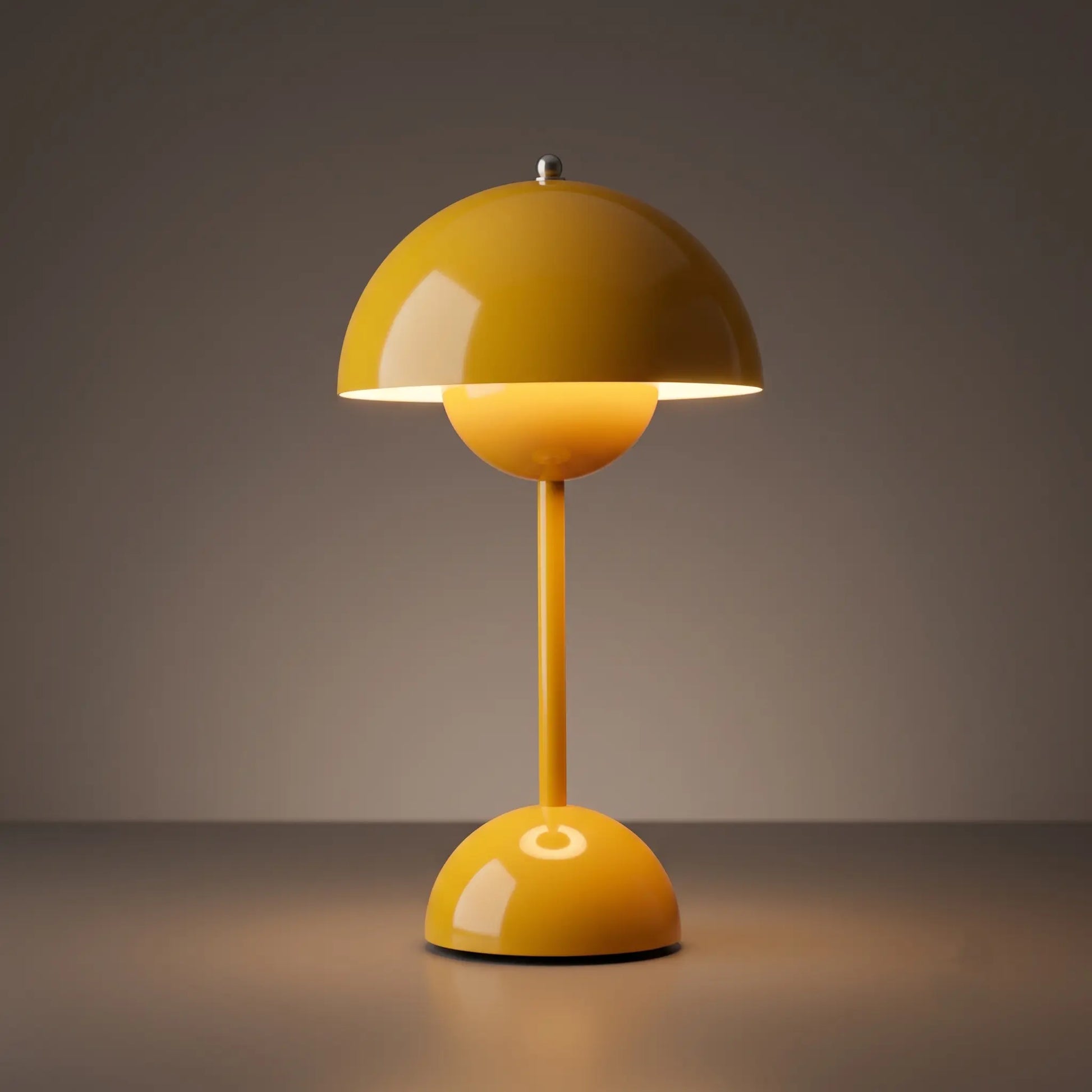 Aesthix Lume Bud retro table lamp in yellow mushroom-dome finish on plain background