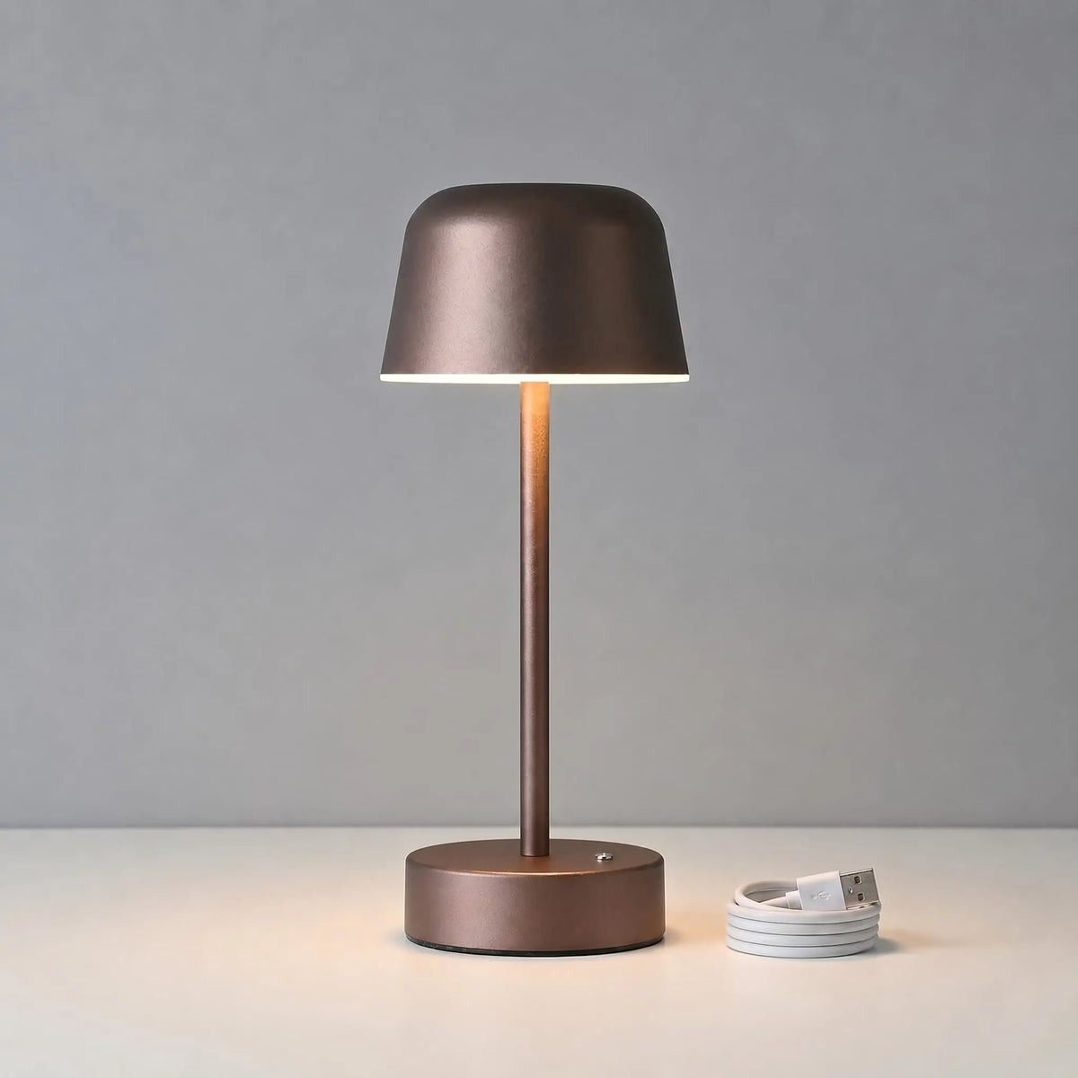 Aesthix Lume Aura cordless touch lamp brown product shot grey background dimmable