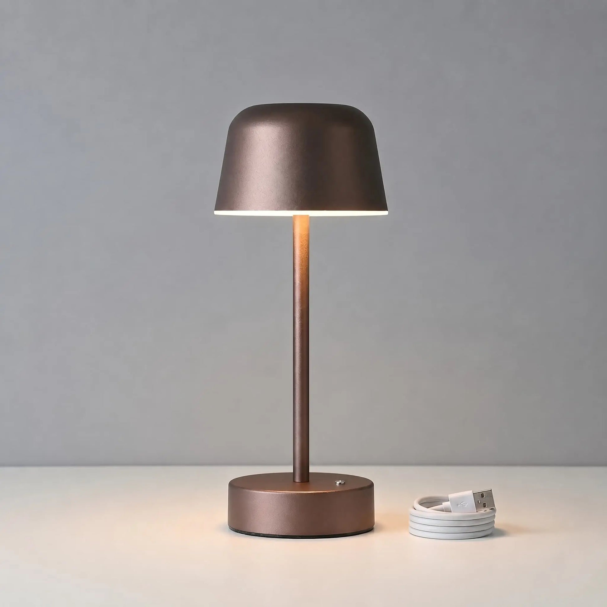 Aesthix Lume Aura cordless touch lamp brown product shot grey background dimmable