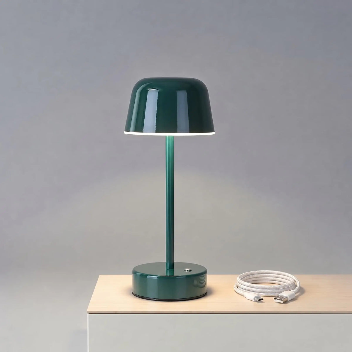 Aesthix Lume Aura cordless touch lamp green product shot wooden base touch control