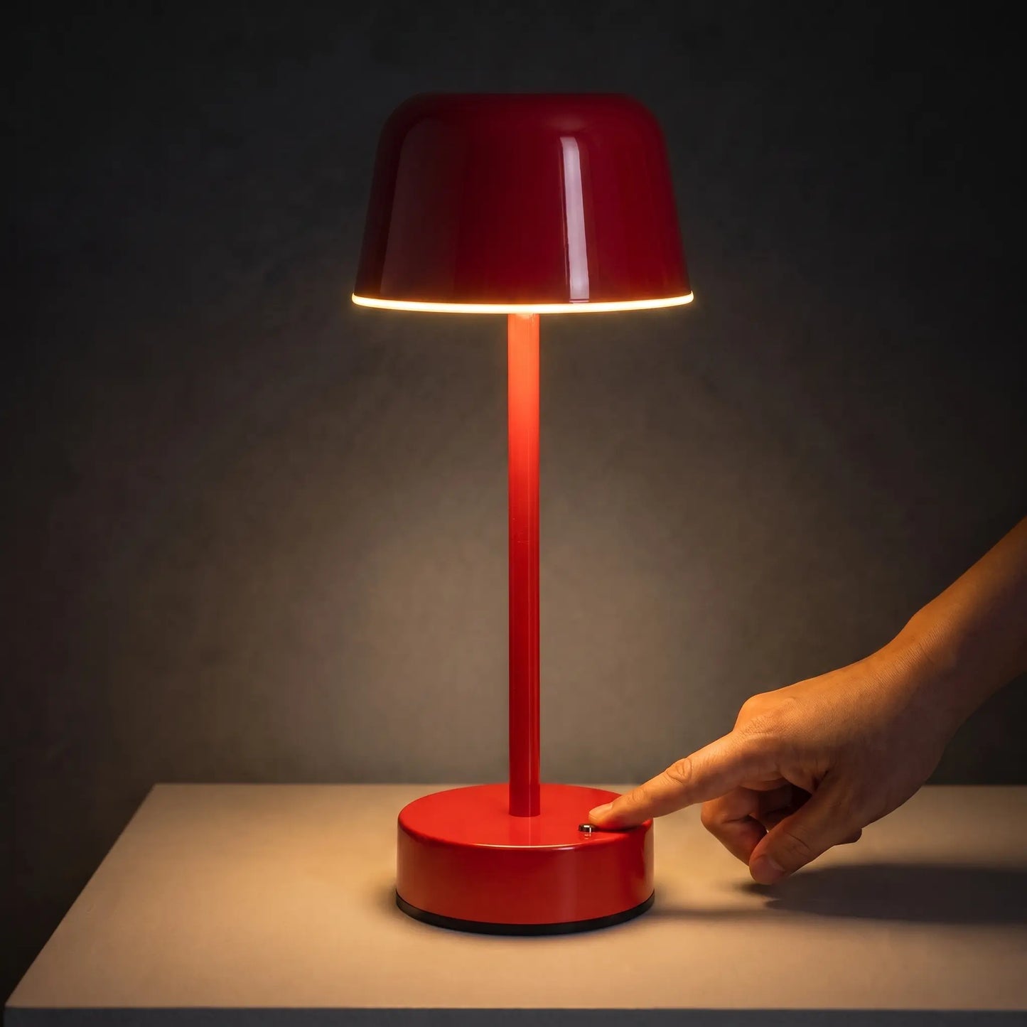 Aesthix Lume Aura cordless touch lamp red variant touch control dark background warm glow