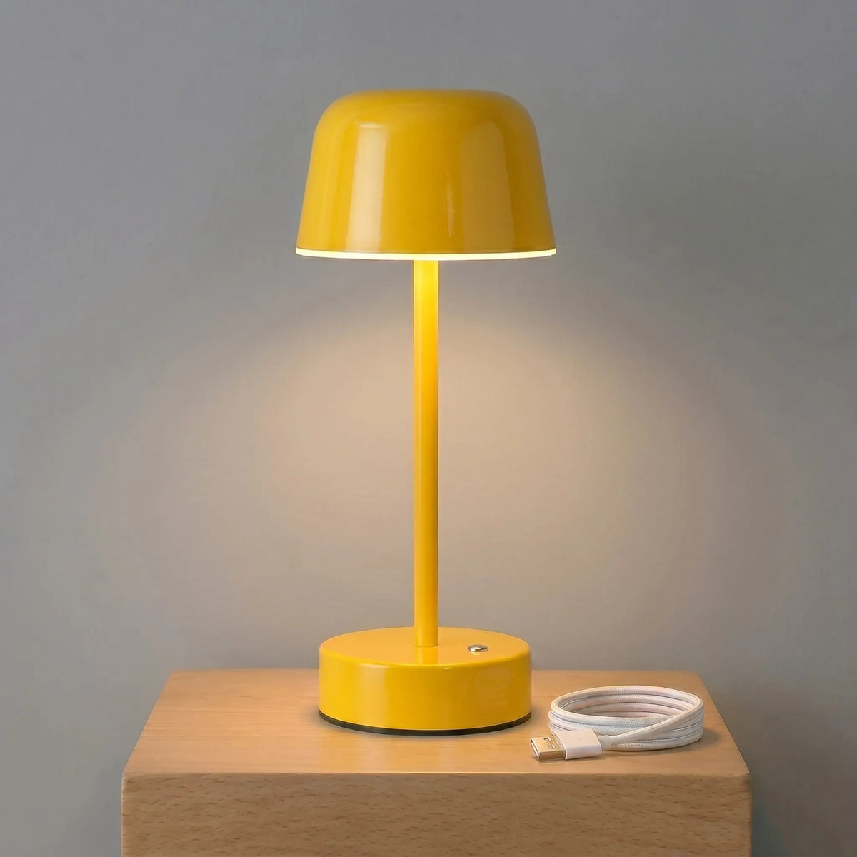 Aesthix Lume Aura cordless touch lamp yellow product shot wooden base USB charging