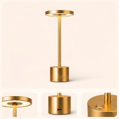 Aesthix Lume Halo table lamp Gold pendant light fixture on a beige background