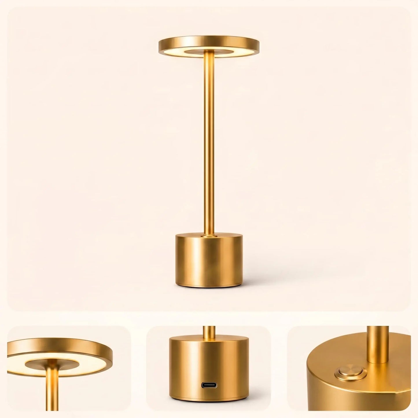 Aesthix Lume Halo table lamp Gold pendant light fixture on a beige background