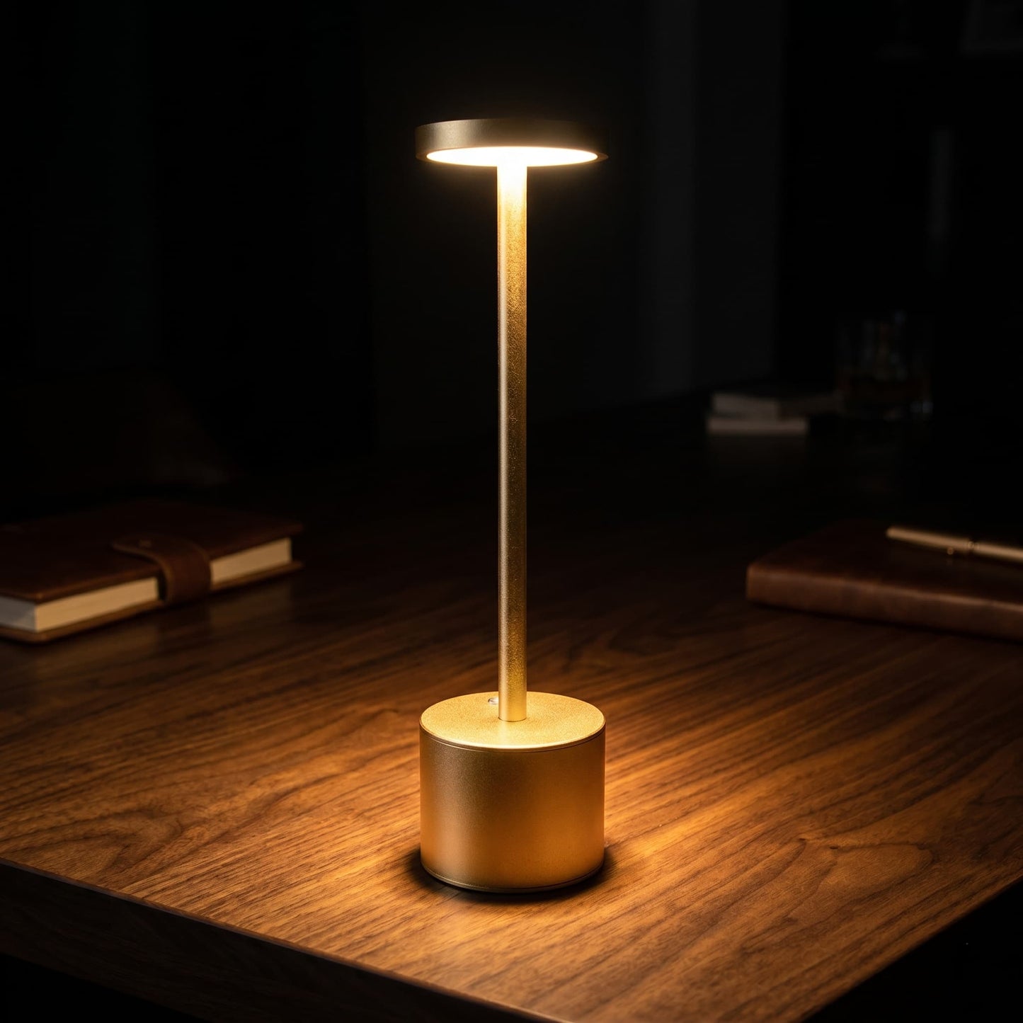 Aesthix Lume Halo slim aluminium cordless lamp warm gold glow
