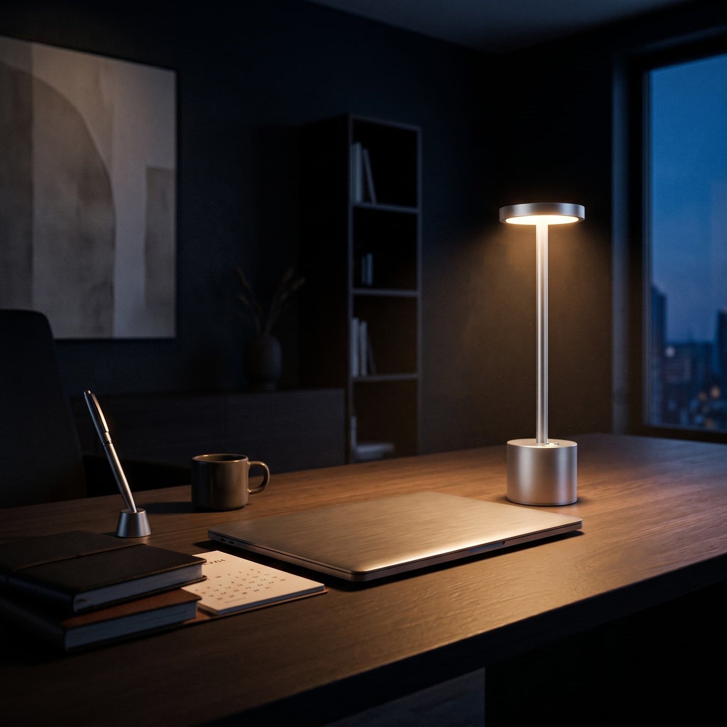 Aesthix Lume Halo Modern desk setup with a lamp, laptop, a dimly lit room.