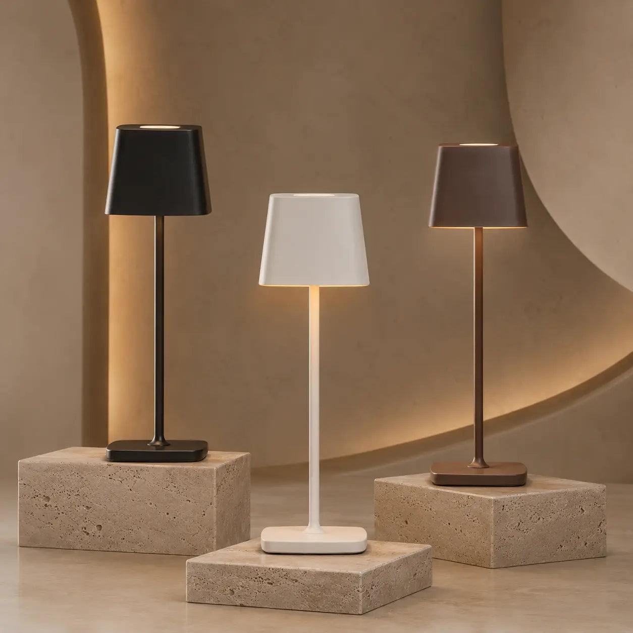 Aesthix Lume Dusk minimalist touch lamp three colour variants black white brown beige room UK