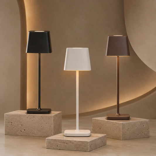 Aesthix Lume Dusk minimalist touch lamp three colour variants black white brown beige room UK