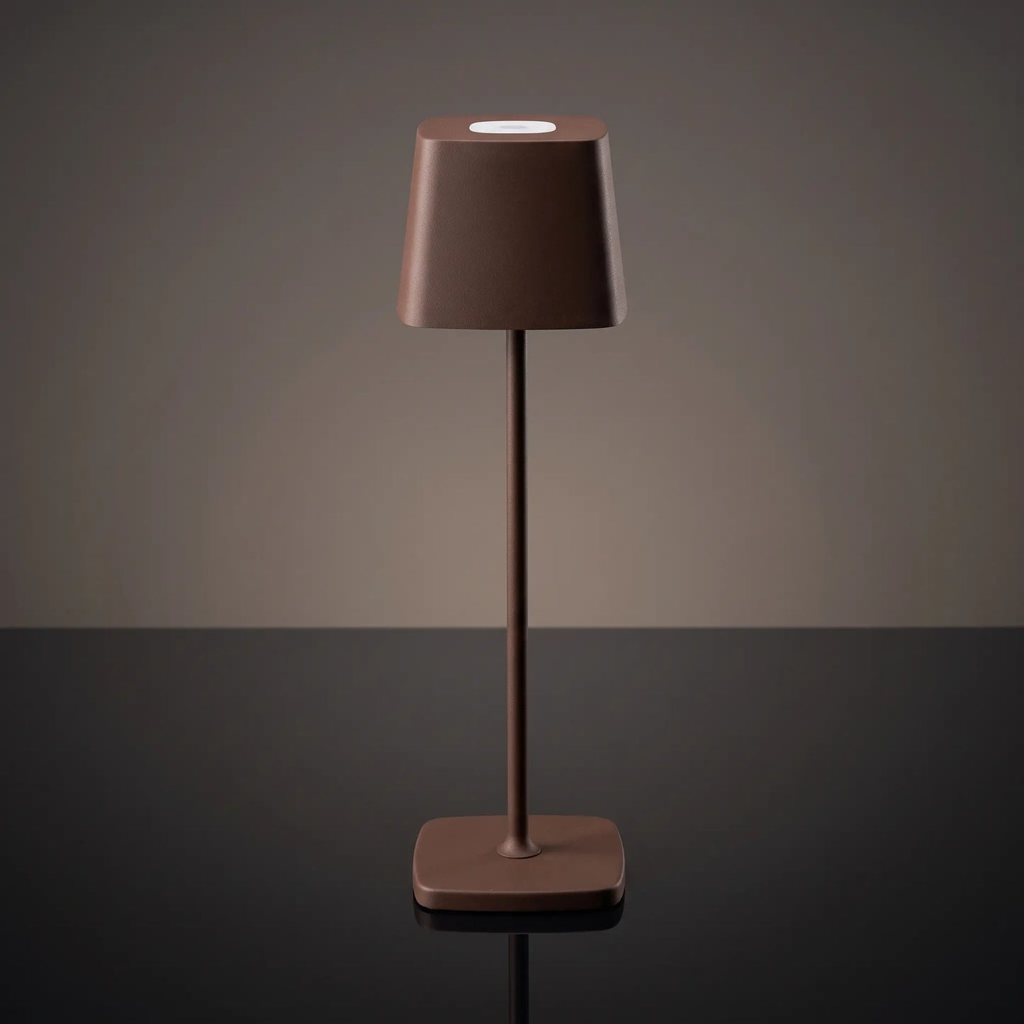 Aesthix Lume Dusk minimalist touch lamp brown finish product shot grey background UK