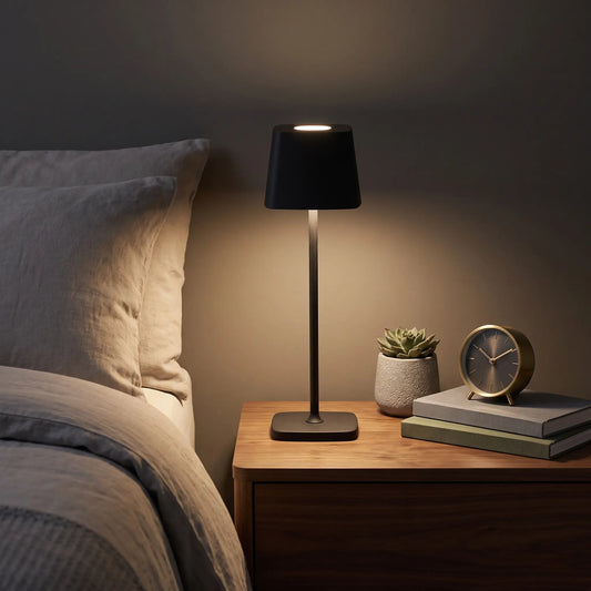 Aesthix Lume Dusk minimalist touch lamp black finish bedroom side table clock plant UK