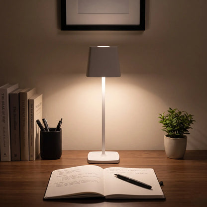 Aesthix Lume Dusk minimalist touch lamp white finish wooden desk books pen warm light UK