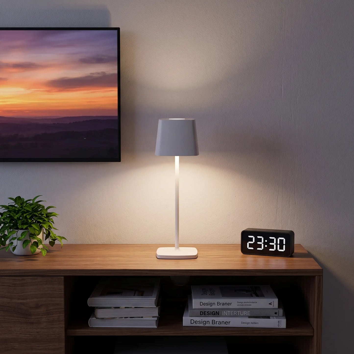 Aesthix Lume Dusk minimalist touch lamp white finish dark TV room vase plant warm glow UK