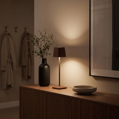 Aesthix Lume Dusk minimalist touch lamp brown finish dark room vase plant warm glow UK