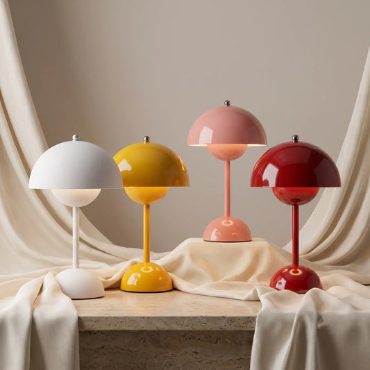 Aesthix Lume Bud retro table lamps in white, yellow, pink and red mushroom-dome finishes