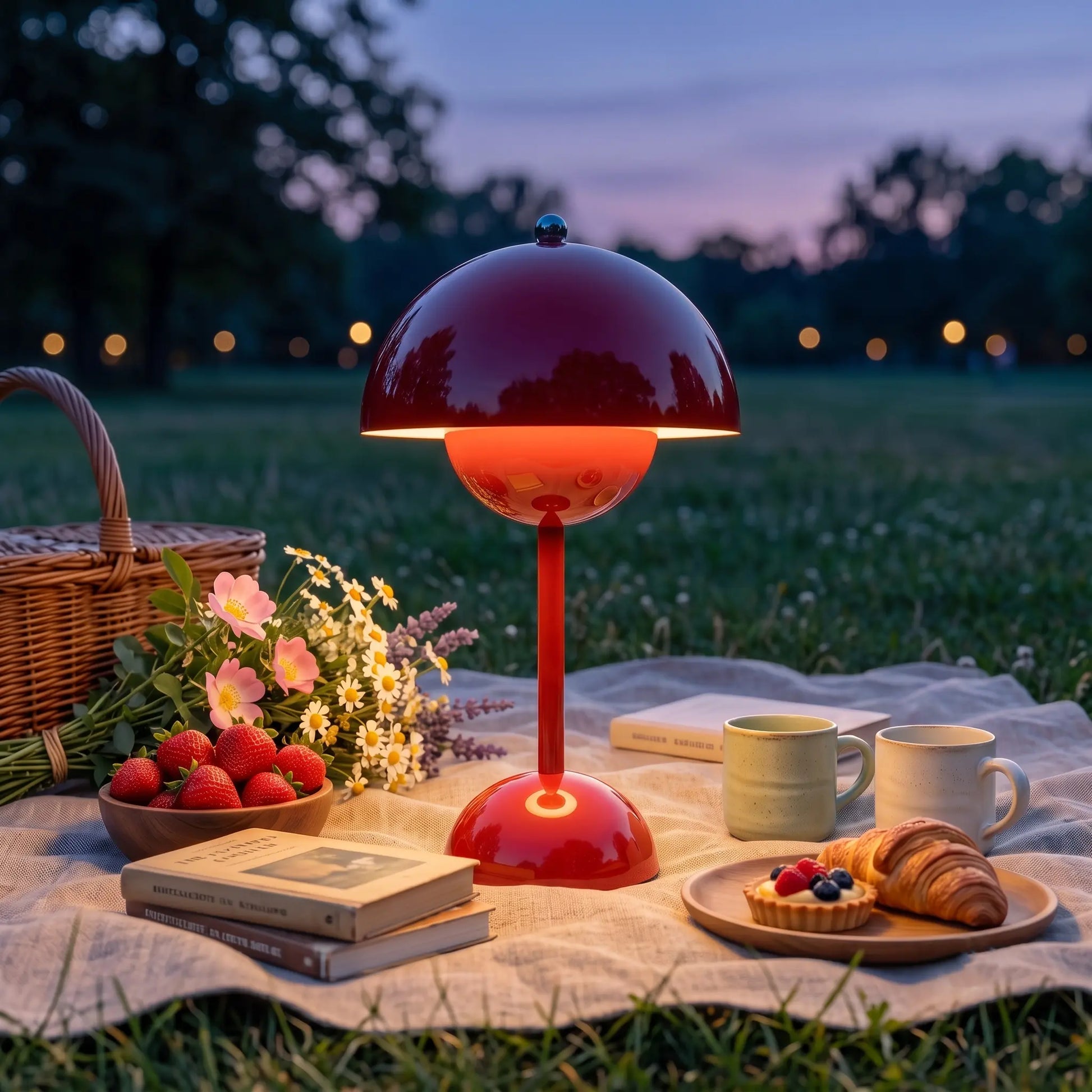 Aesthix Lume Bud red retro table lamp glowing outdoors during an evening picnic