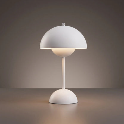 Aesthix Lume Bud retro table lamp in white mushroom-dome finish on plain background