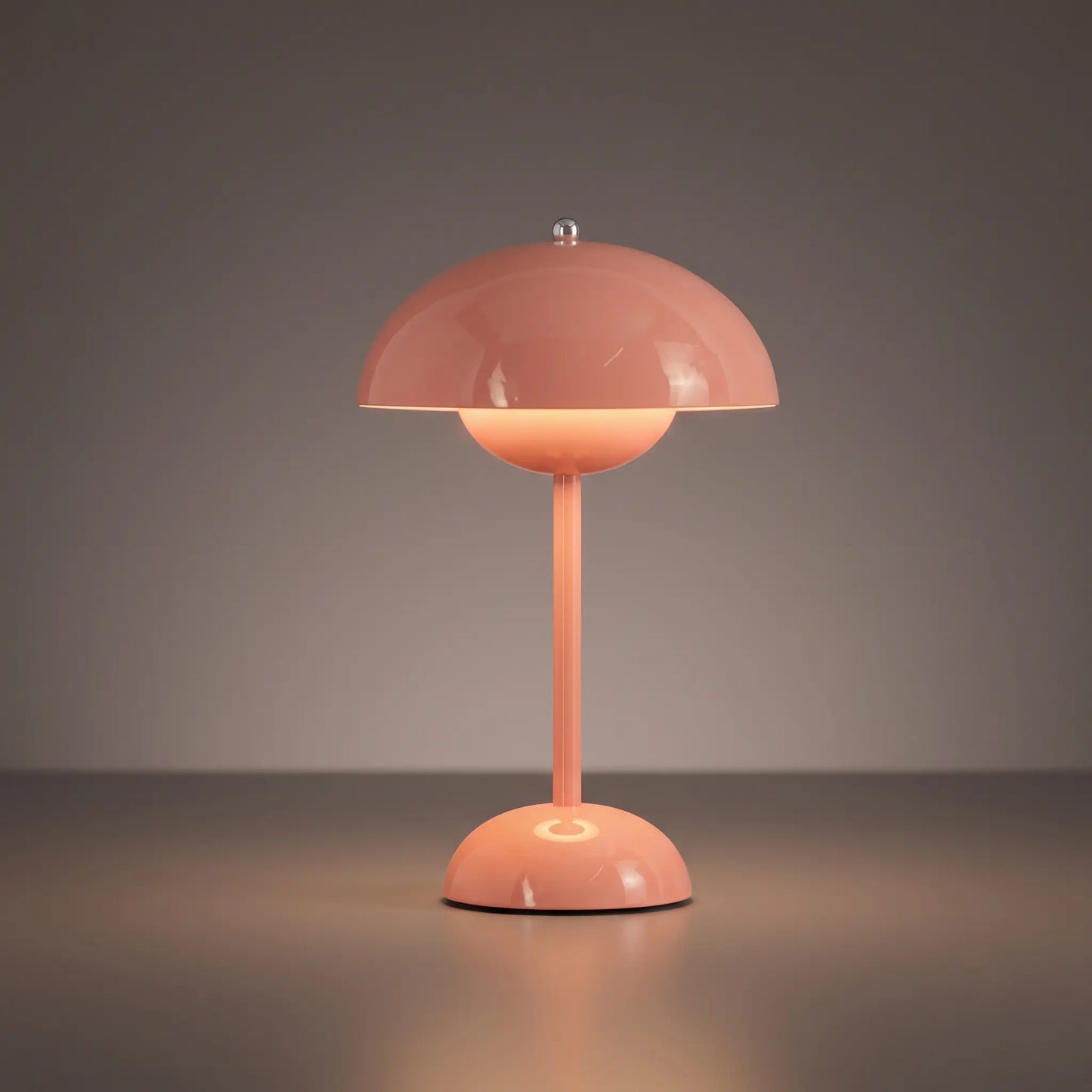 Aesthix Lume Bud retro table lamp in pink mushroom-dome finish on plain background