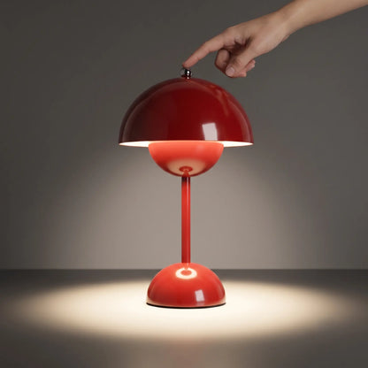 Aesthix Lume Bud retro table lamp red finish hand touch control dark background warm glow UK