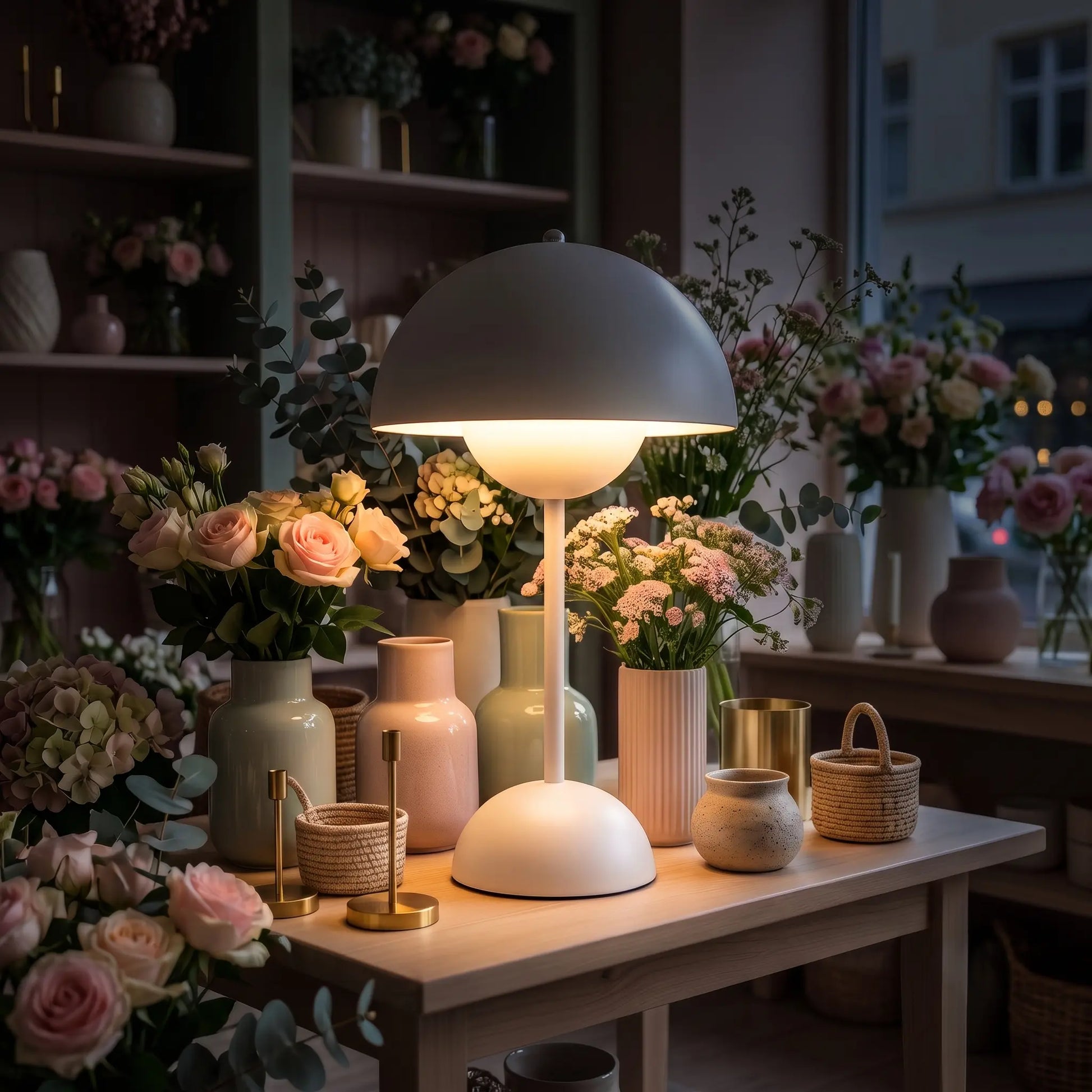Aesthix Lume Bud white retro table lamp glowing among fresh flowers and vases