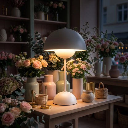 Aesthix Lume Bud white retro table lamp glowing among fresh flowers and vases