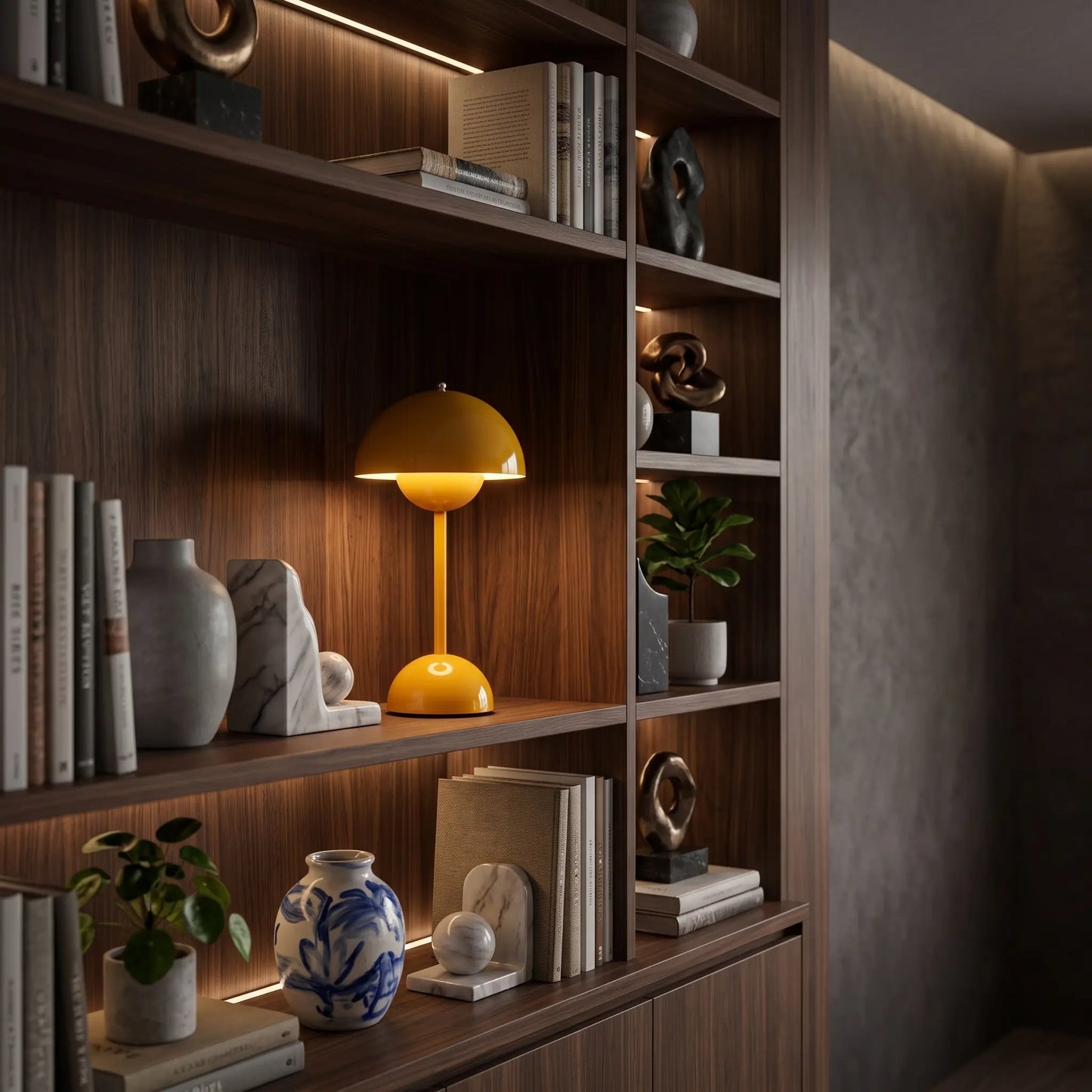 Aesthix Lume Bud yellow retro table lamp on a styled bookshelf with plants and decor
