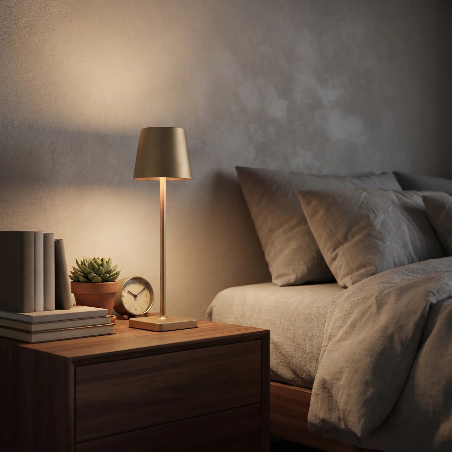 Aesthix Lume Classic bar style touch table lamp glowing on a wooden bedside table