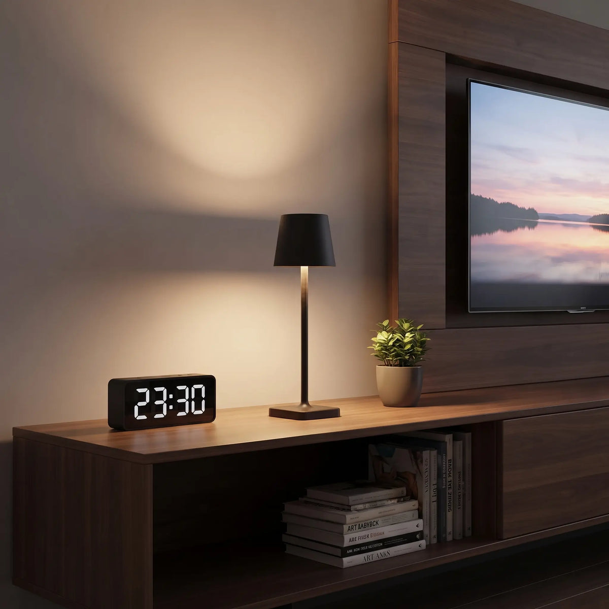 Aesthix Lume Classic black bar style touch table lamp on a media console beside a clock and plant