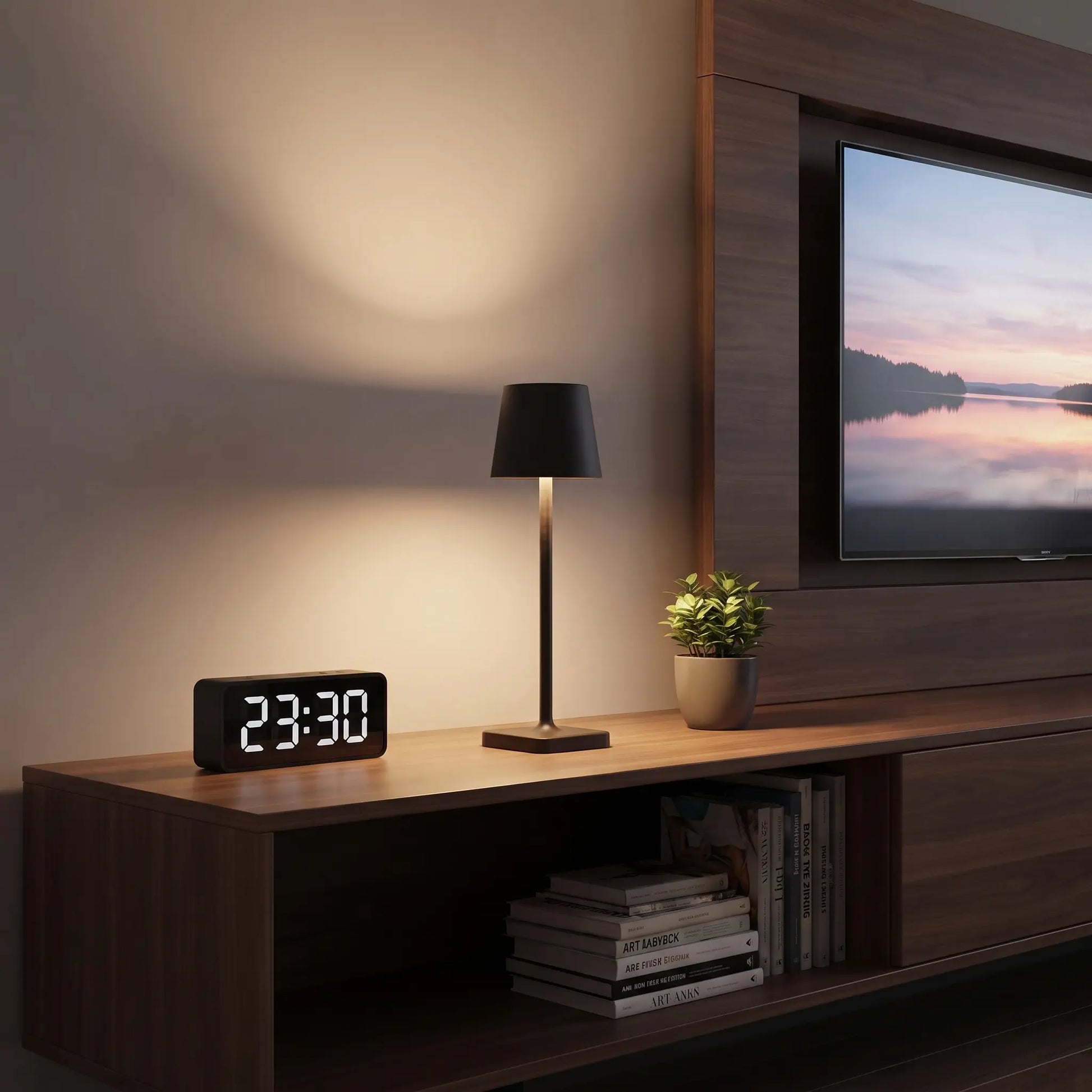 Aesthix Lume Classic black bar style touch table lamp on a media console beside a clock and plant
