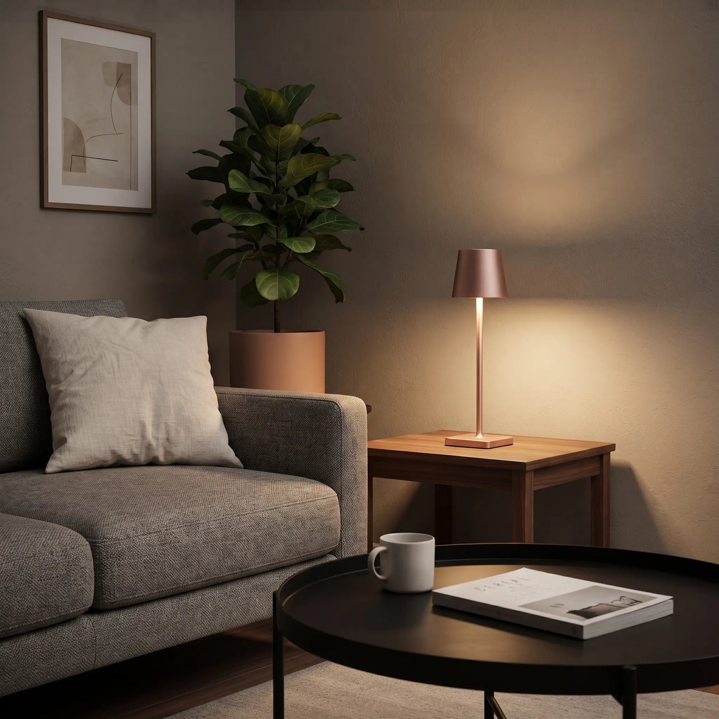 Aesthix Lume Classic a metallic rose gold finish stands on a wooden side table next to a gray sofa in a warmly lit living room.