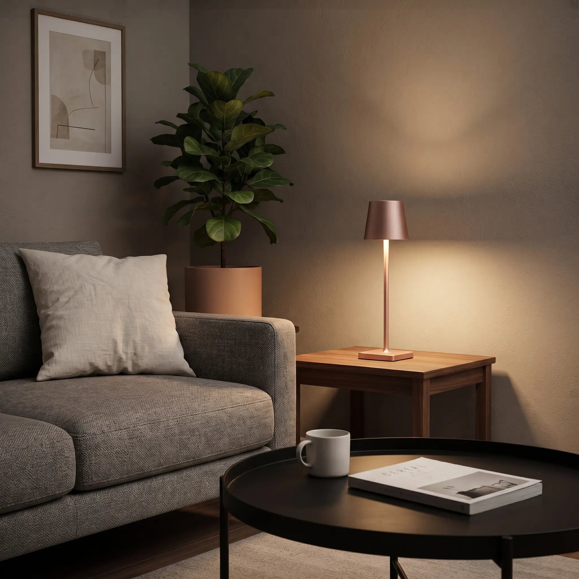 Aesthix Lume Classic a metallic rose gold finish stands on a wooden side table next to a gray sofa in a warmly lit living room.
