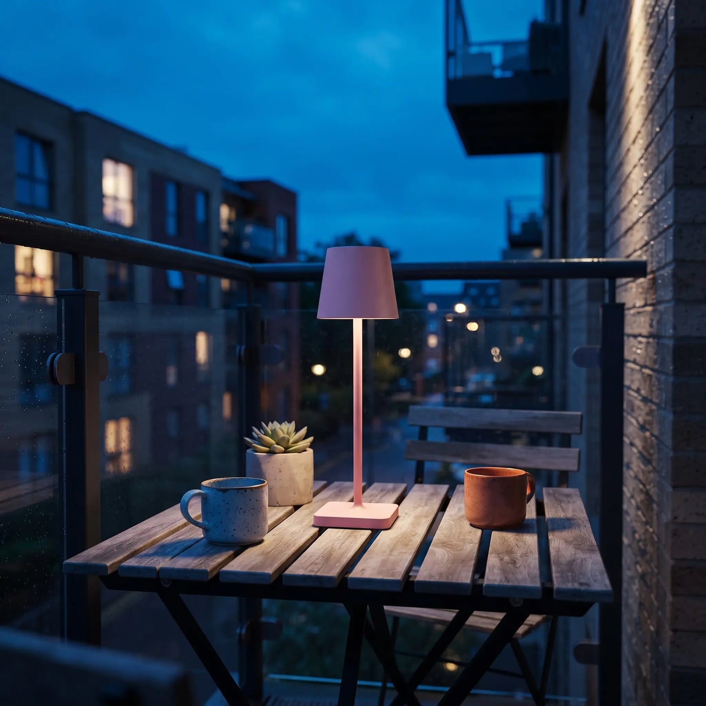 Aesthix Lume Classic pink bar style touch table lamp glowing on a balcony table at dusk with city view