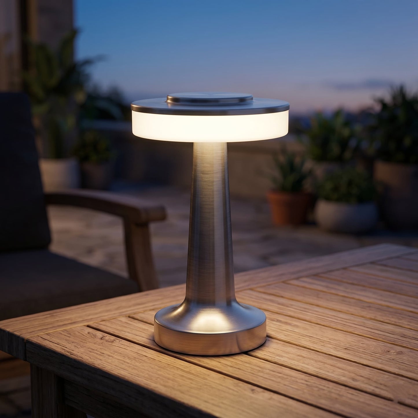 Aesthix Lume Nova cordless touch lamp silver wooden outdoor table dusk lighting UK
