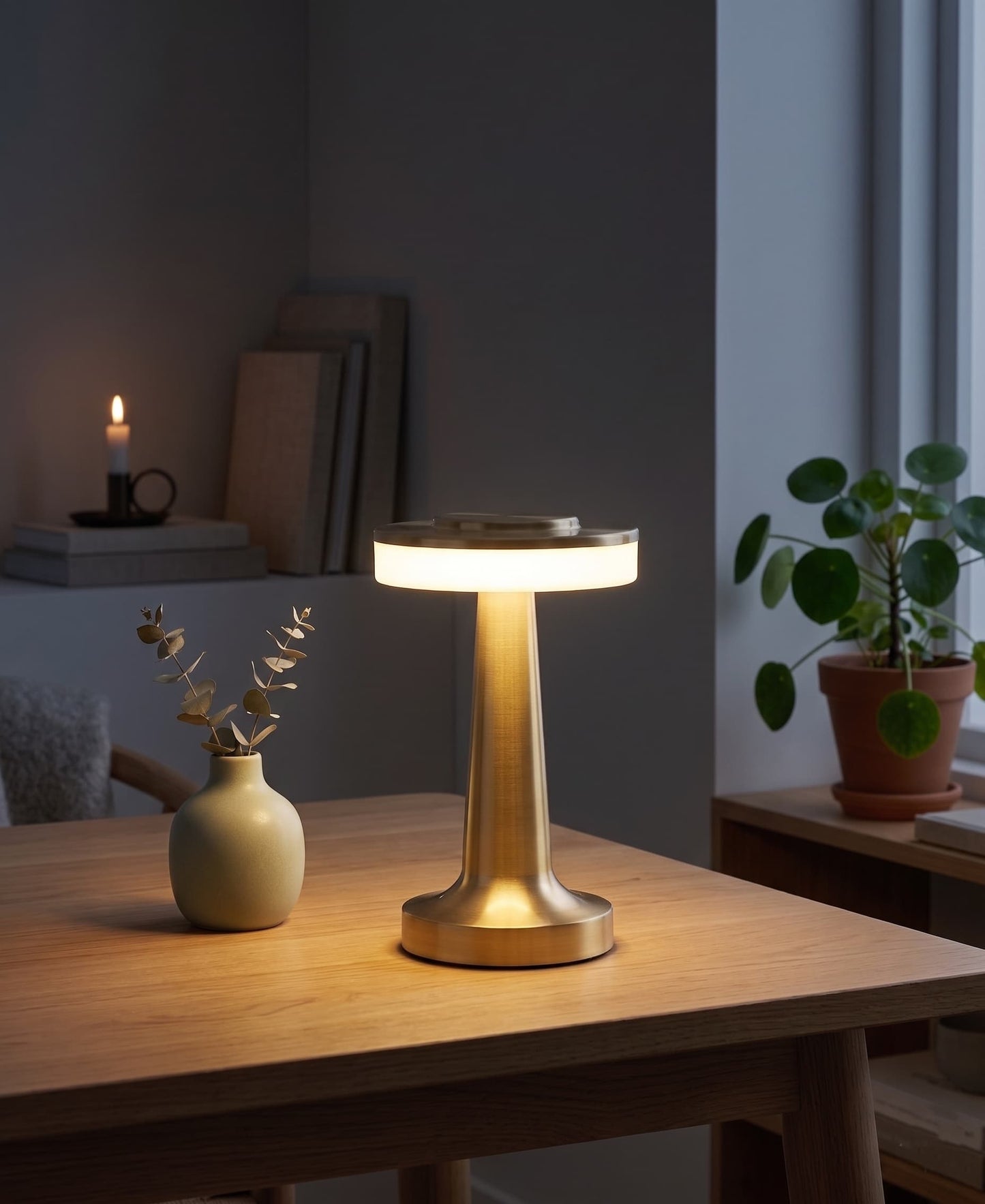 Aesthix Lume Nova cordless touch lamp silver finish wooden table plants warm glow UK
