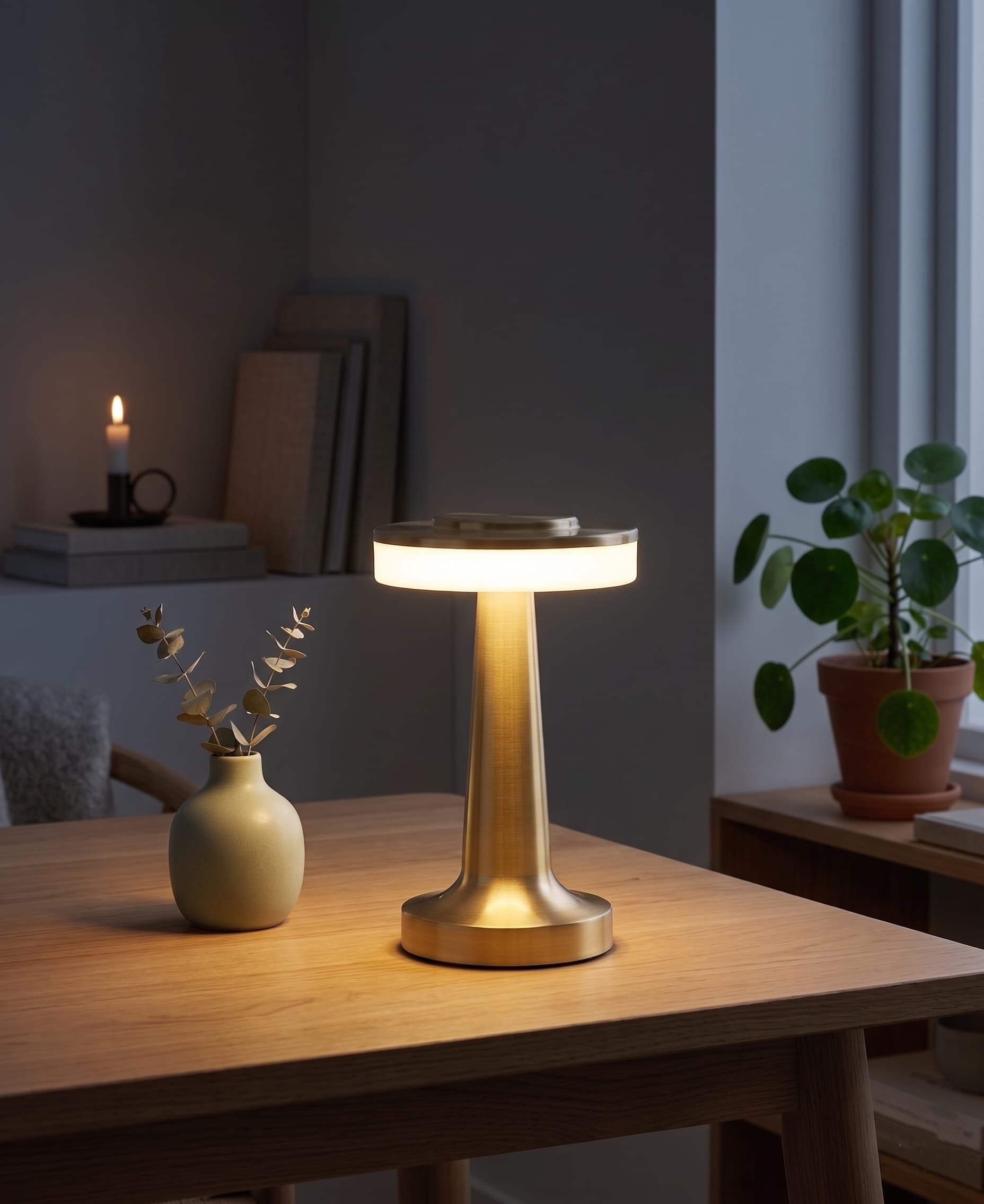 Aesthix Lume Nova cordless touch lamp silver finish wooden table plants warm glow UK
