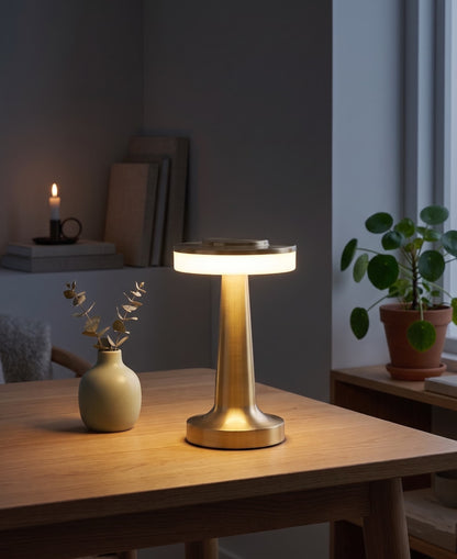 Aesthix Lume Nova cordless touch lamp silver finish wooden table plants warm glow UK