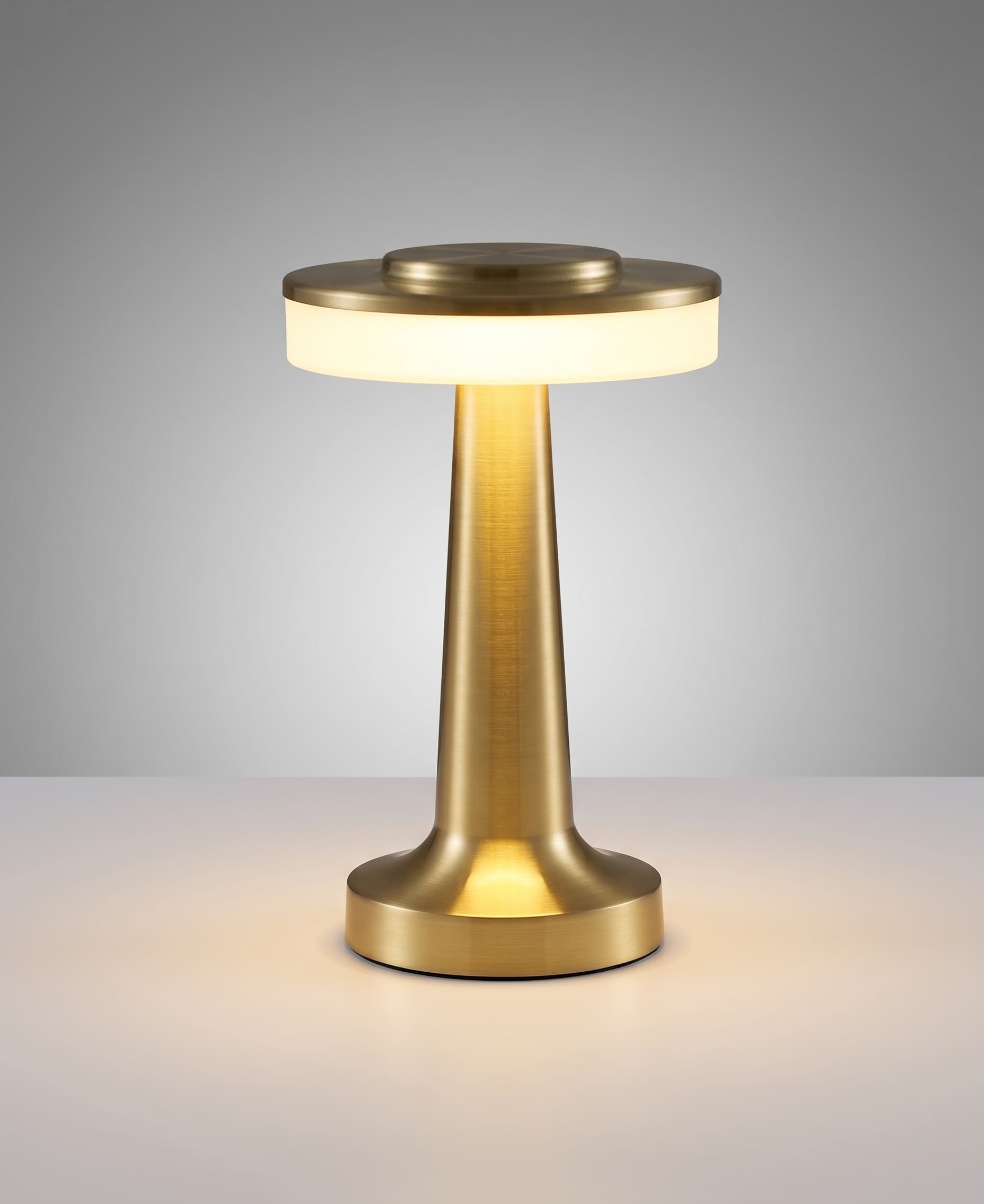 Aesthix Lume Nova cordless touch lamp gold finish product shot grey background