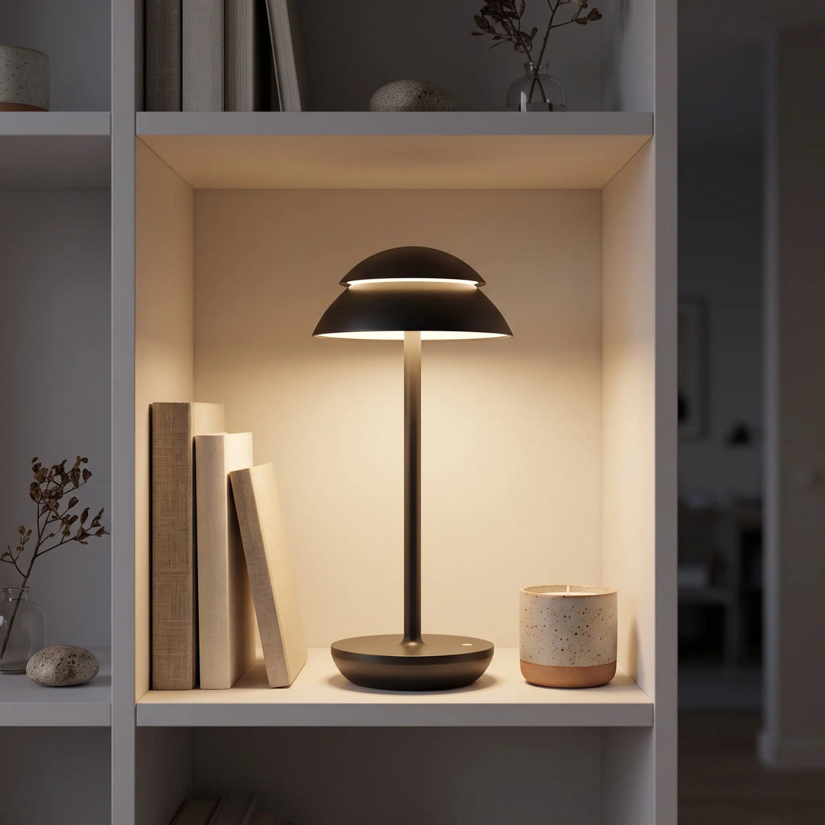 Aesthix Lume Domo modern mushroom lamp black finish bookshelf books candle cozy living room warm glow UK
