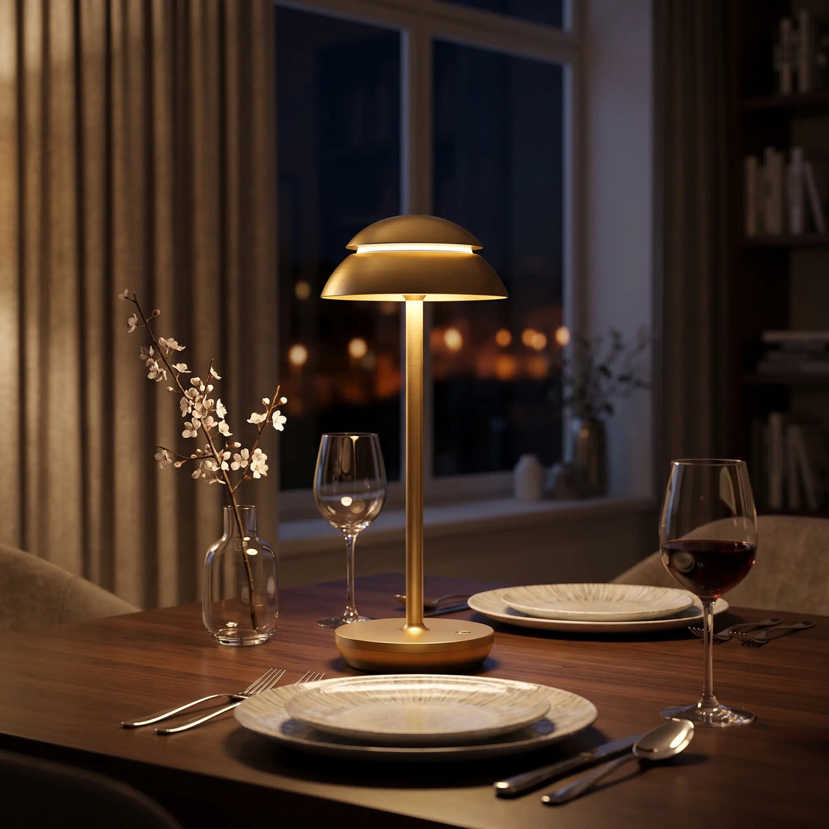 Aesthix Lume Domo modern mushroom lamp gold finish romantic dining table wine glasses flowers city view UK