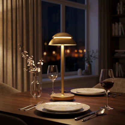 Aesthix Lume Domo modern mushroom lamp gold finish romantic dining table wine glasses flowers city view UK
