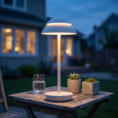 Aesthix Lume Domo modern mushroom lamp white finish outdoor garden wooden table succulent plants dusk UK