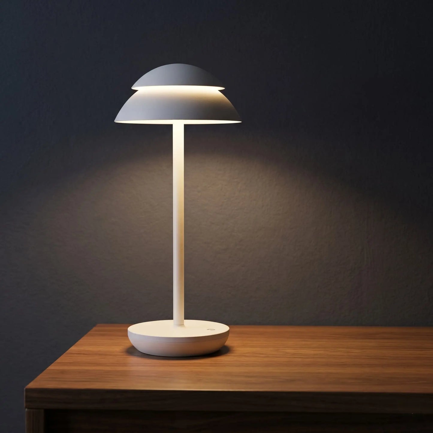 Aesthix Lume Domo modern mushroom lamp white base dark background warm glow product shot