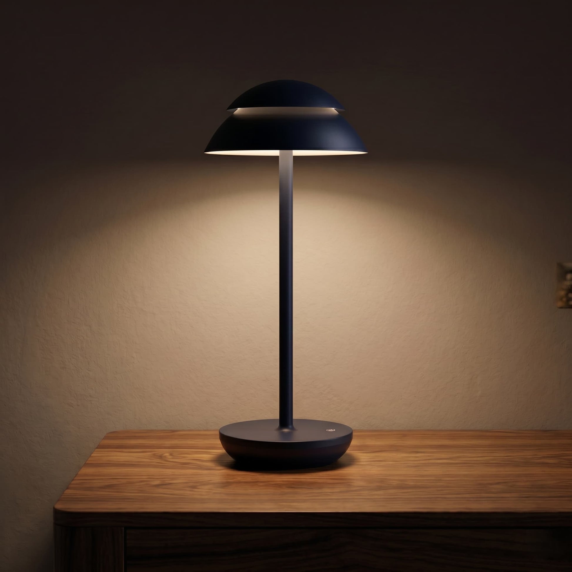 Aesthix Lume Domo modern mushroom lamp black finish wooden desk warm ambient light UK