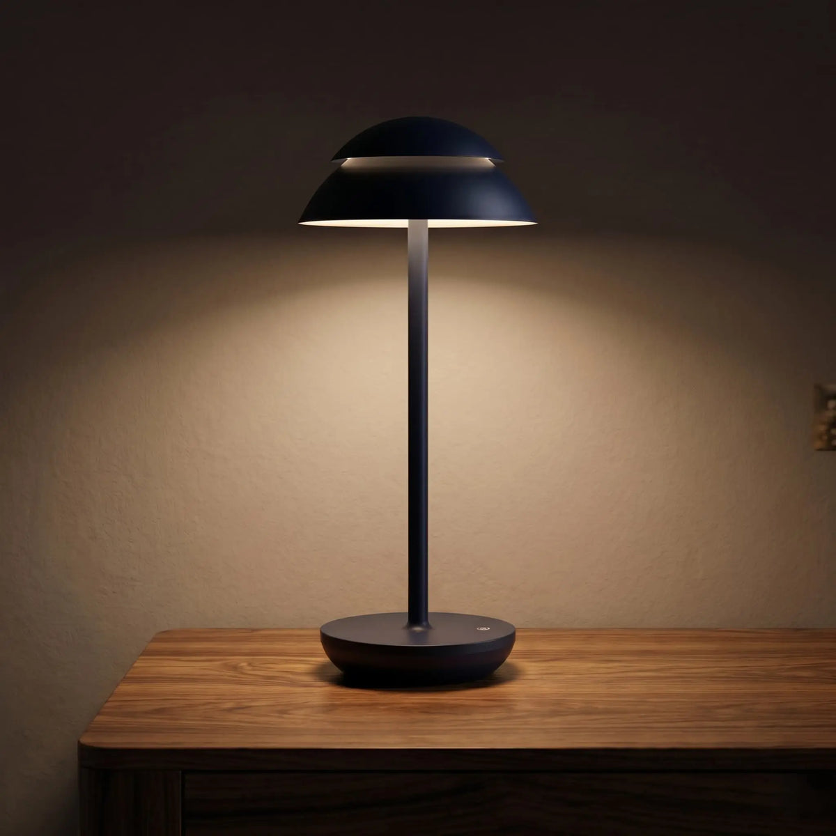 Aesthix Lume Domo modern mushroom lamp black base dark background warm glow product shot