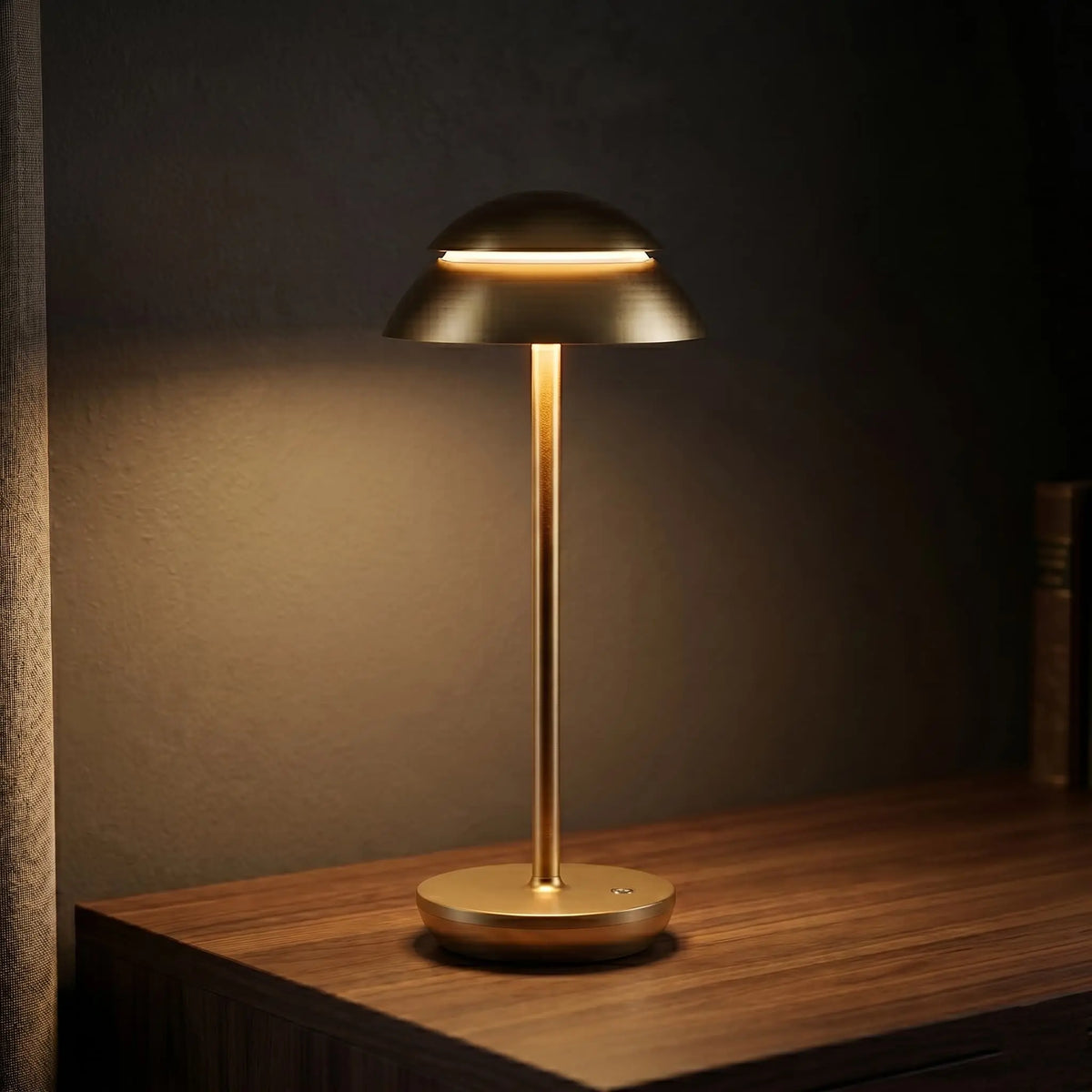 Aesthix Lume Domo modern mushroom lamp gold finish wooden desk warm ambient light UK