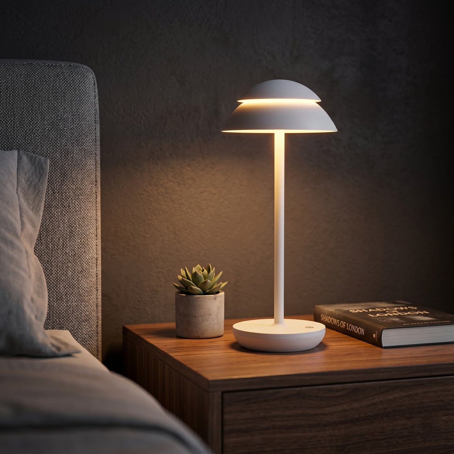 Aesthix Lume Domo modern mushroom lamp on a bedside table  in a dimly lit room. warm light UK         