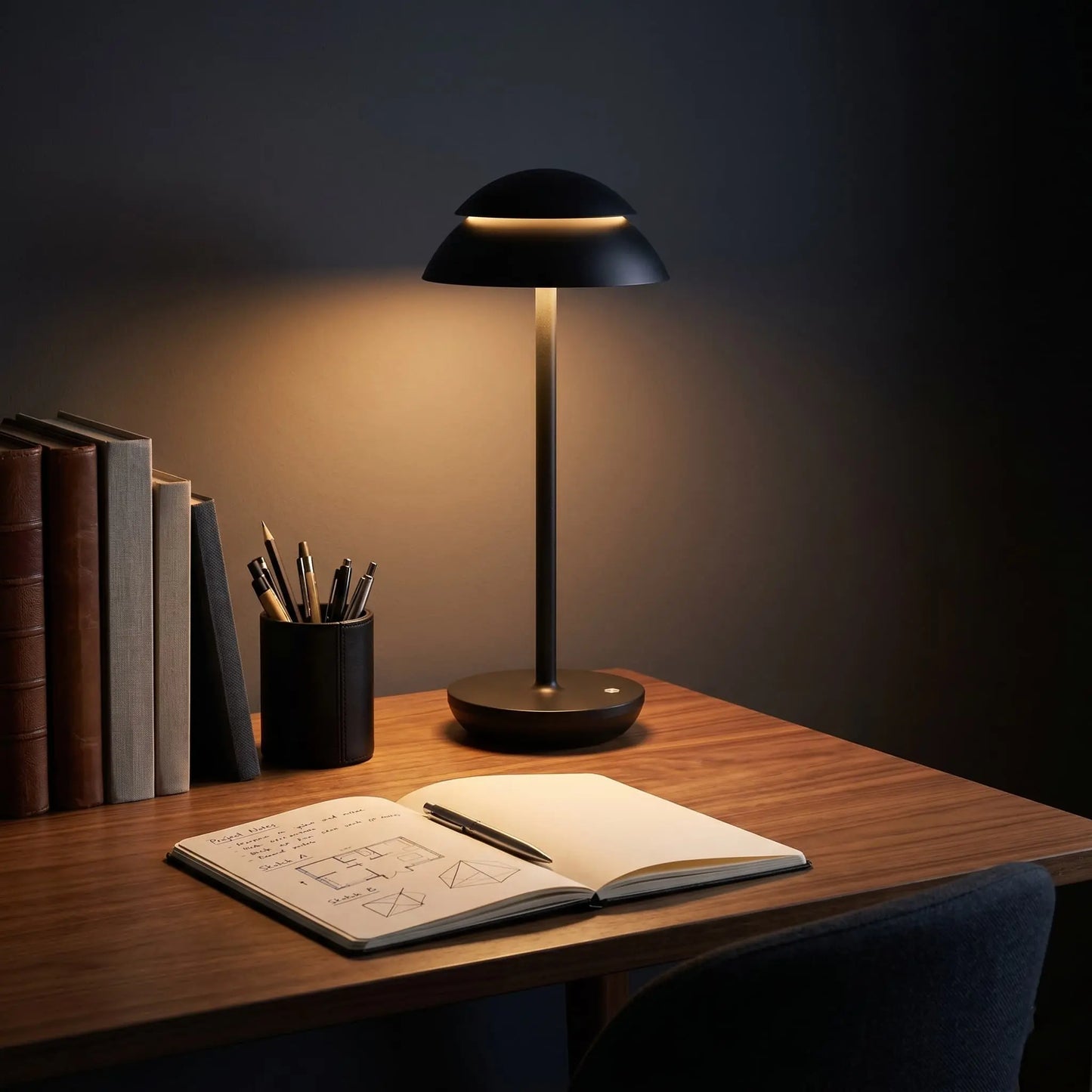 Aesthix Lume Domo modern mushroom lamp black base wooden study desk books pen dark room UK