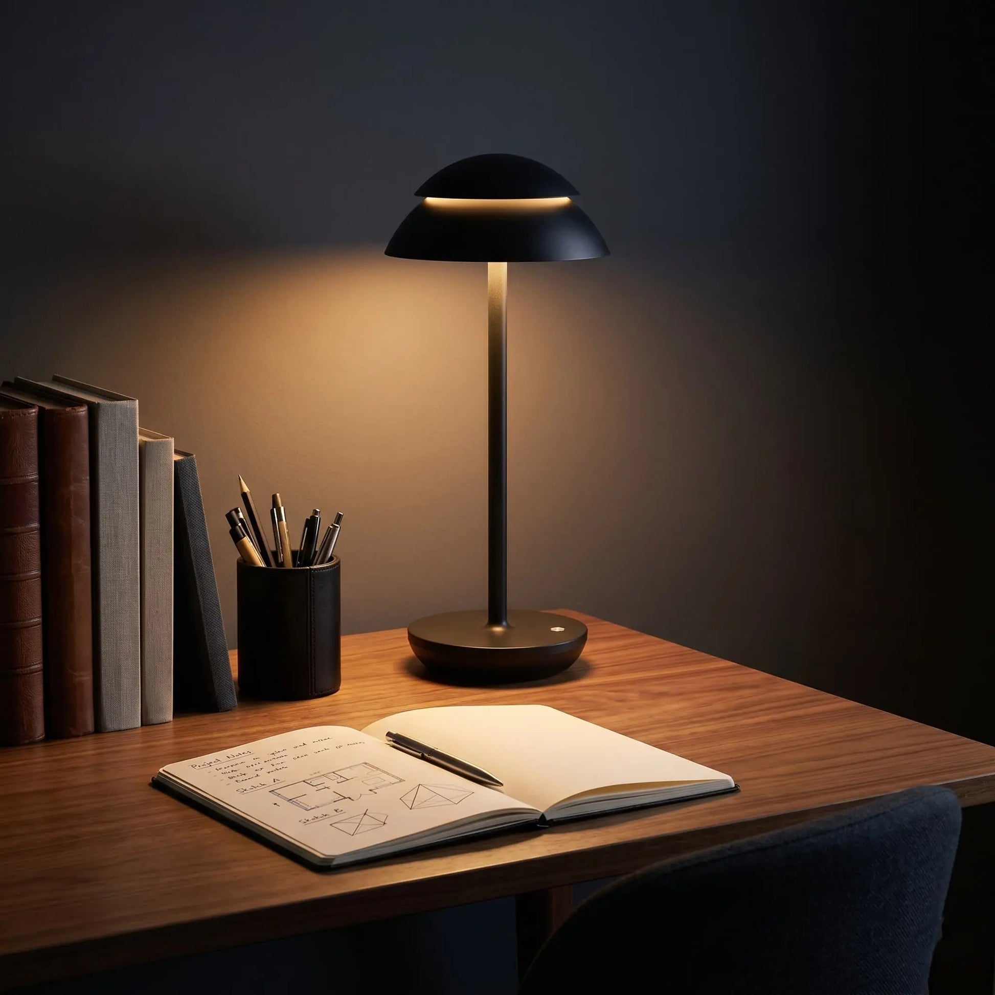 Aesthix Lume Domo modern mushroom lamp black base wooden study desk books pen dark room UK