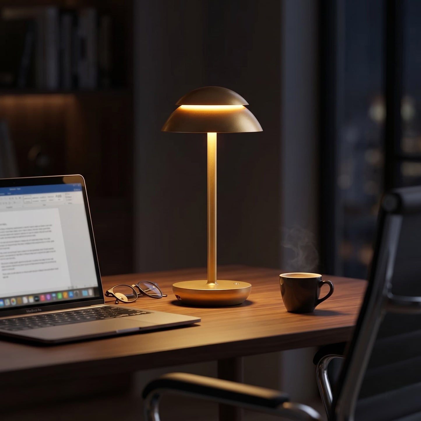 Aesthix Lume Domo night workspace dark room warm glow UK
