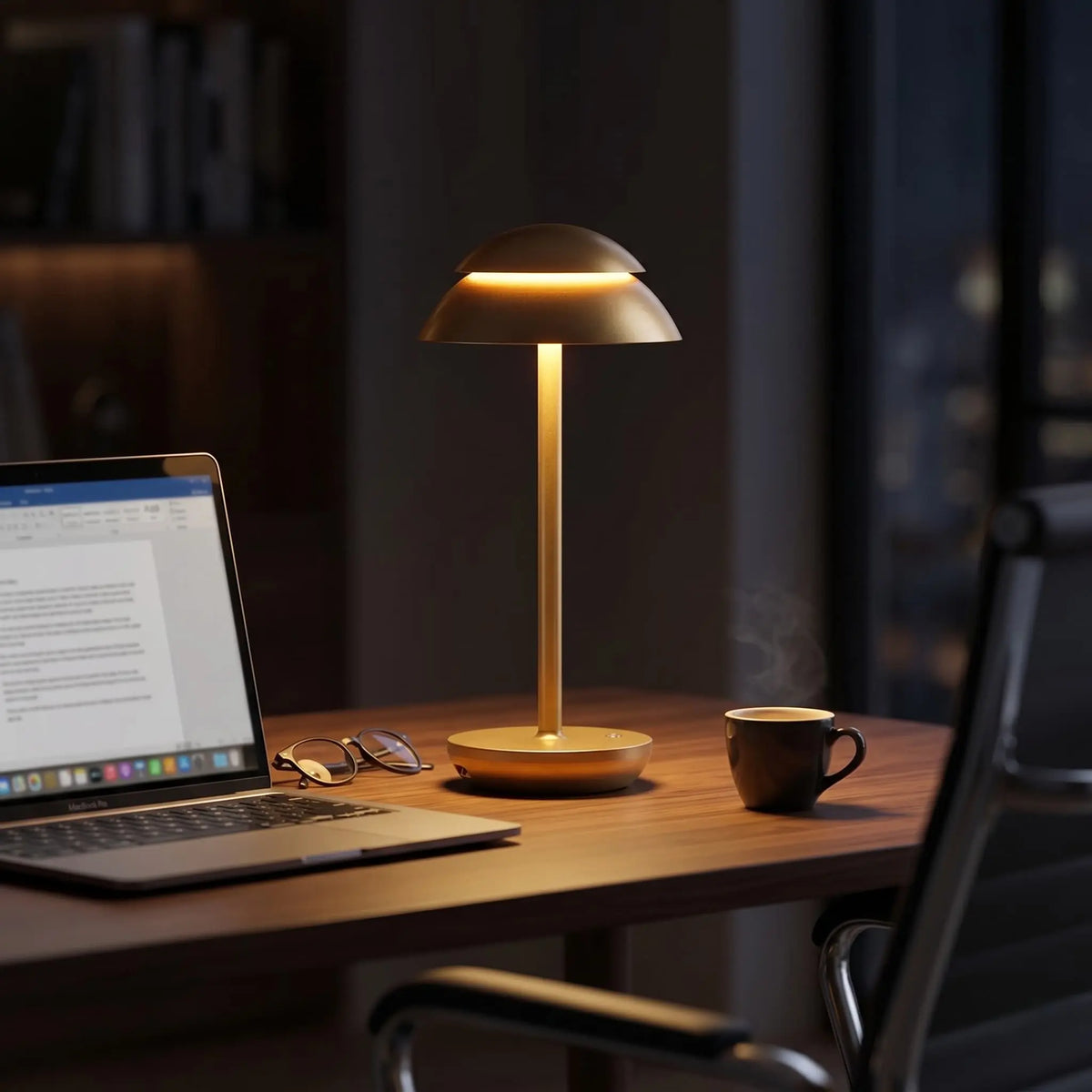 Aesthix Lume Domo modern mushroom lamp gold finish work space desk dark room warm glow UK